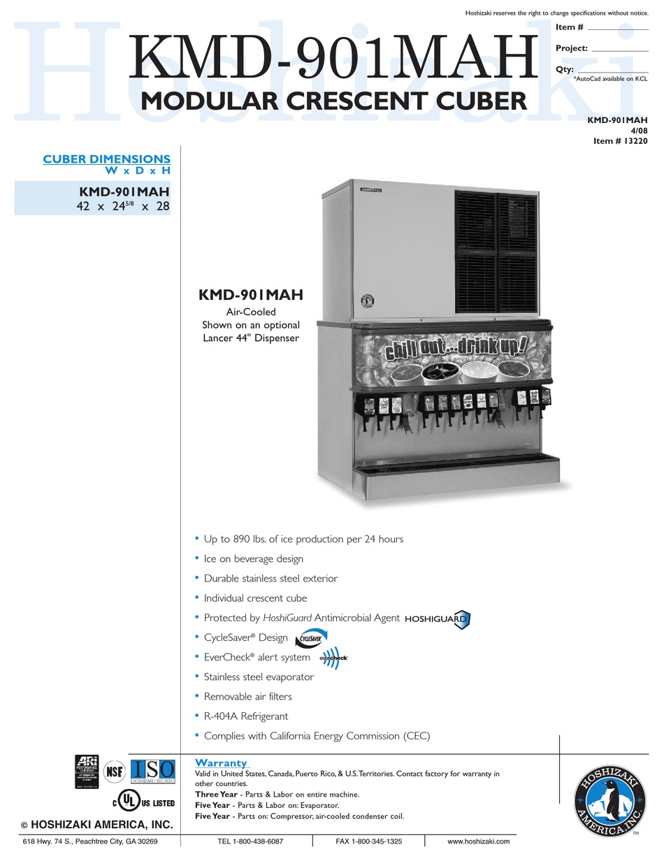 HOSHIZAKI KMD901MAH ICE MAKER SPECIFICATIONS ManualsLib