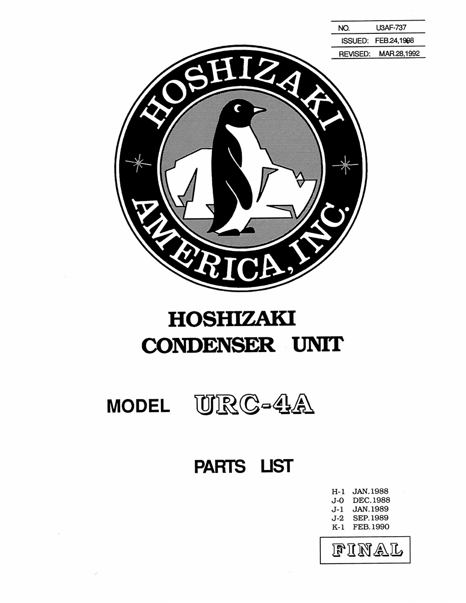 HOSHIZAKI URC4A HEAT PUMP PARTS LIST ManualsLib