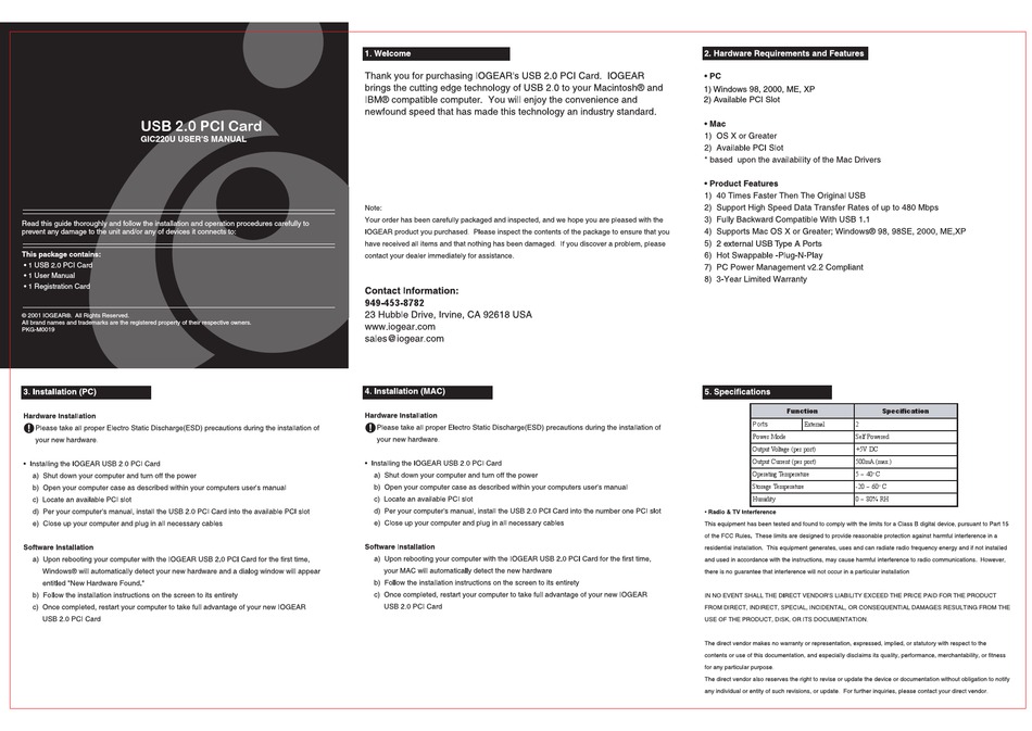 IOGEAR GIC220U PCI CARD USER MANUAL ManualsLib