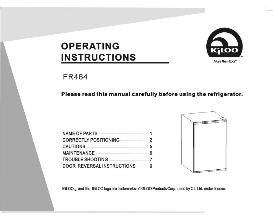 IGLOO FR464 REFRIGERATOR OPERATING INSTRUCTIONS MANUAL | ManualsLib