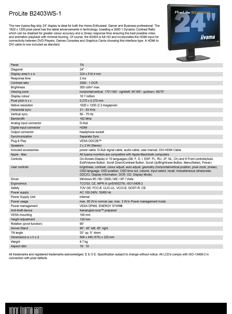 IIYAMA PRO LITE B2403WS-1 MONITOR 