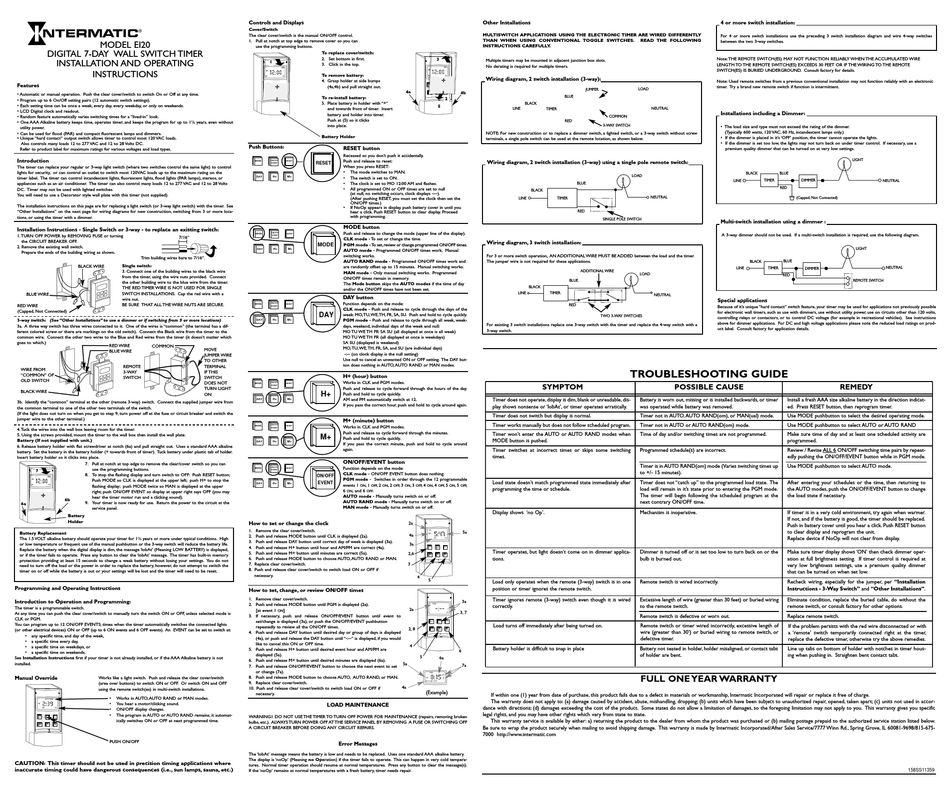 Intermatic Ei20 Install And Operation Instructions Pdf Download Manualslib