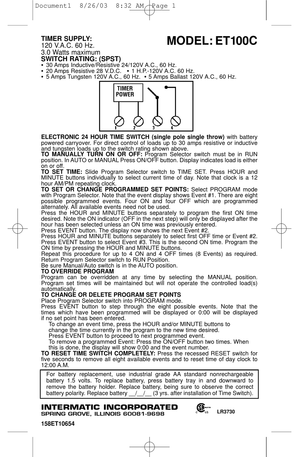 INTERMATIC ET100C SUPPLEMENTARY MANUAL Pdf Download | ManualsLib