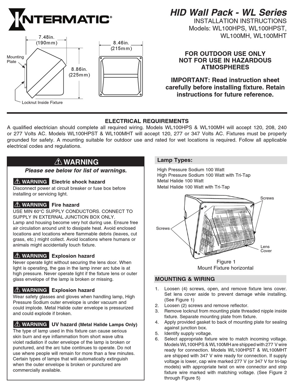 INTERMATIC WL100HPS OUTDOOR LIGHT INSTALLATION INSTRUCTIONS | ManualsLib