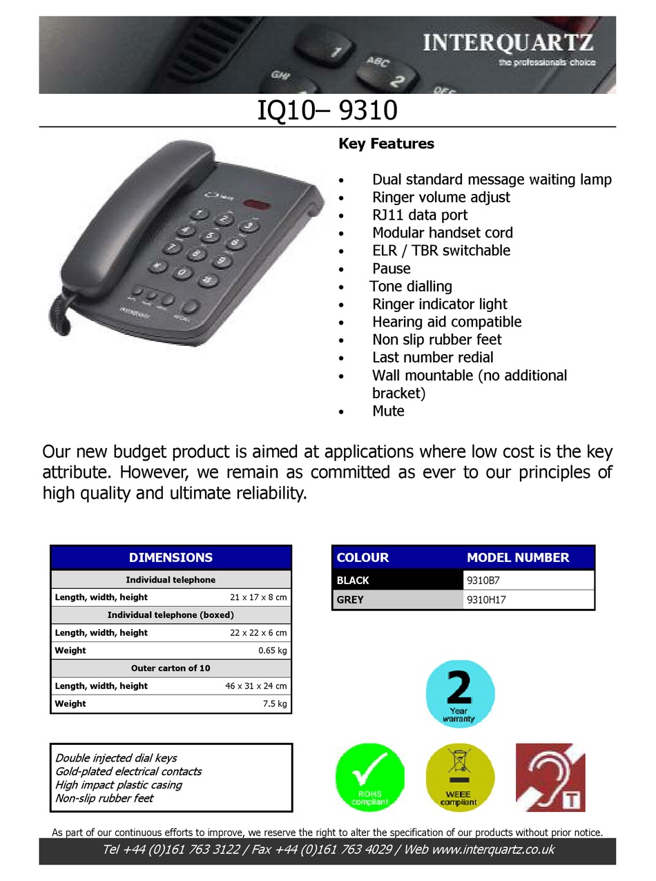 INTERQUARTZ 9310 TELEPHONE SPECIFICATIONS | ManualsLib