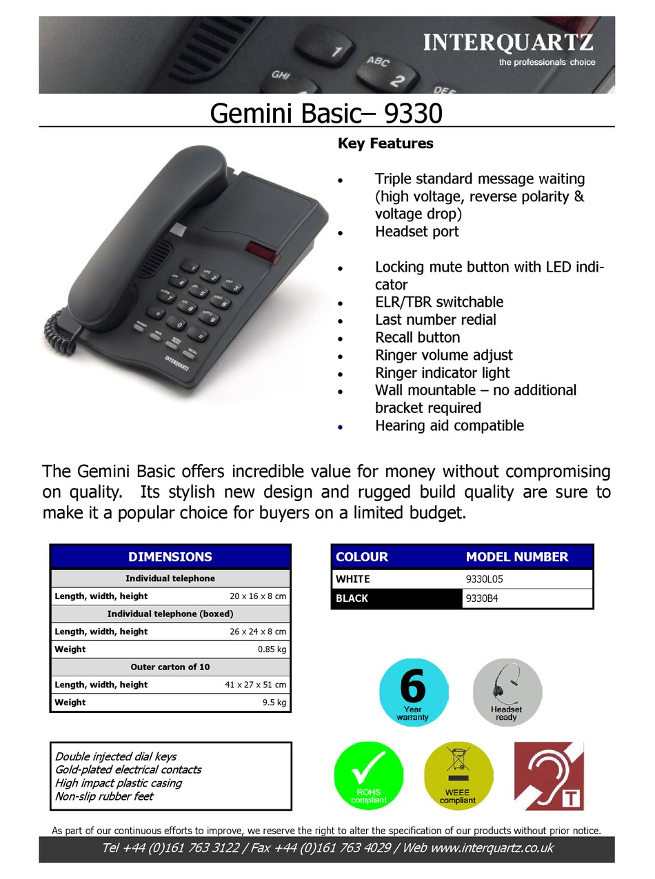 INTERQUARTZ GEMINI 9330 TELEPHONE SPECIFICATIONS ManualsLib