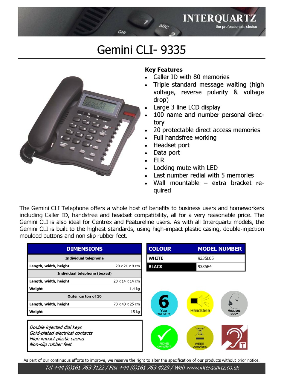 Interquartz Gemini 9335 Telephone Specifications 