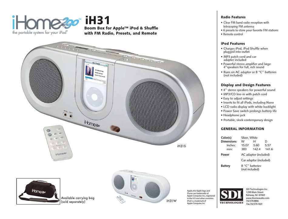 IHOME290 IH31 PORTABLE STEREO SYSTEM SPECIFICATIONS ManualsLib
