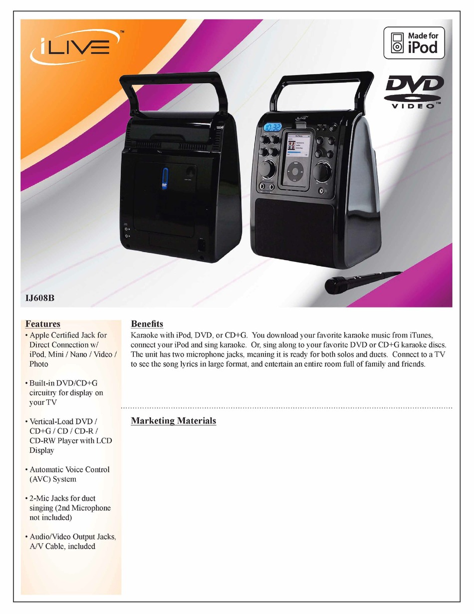 ILIVE IJ608B KARAOKE SYSTEM SPECIFICATIONS ManualsLib