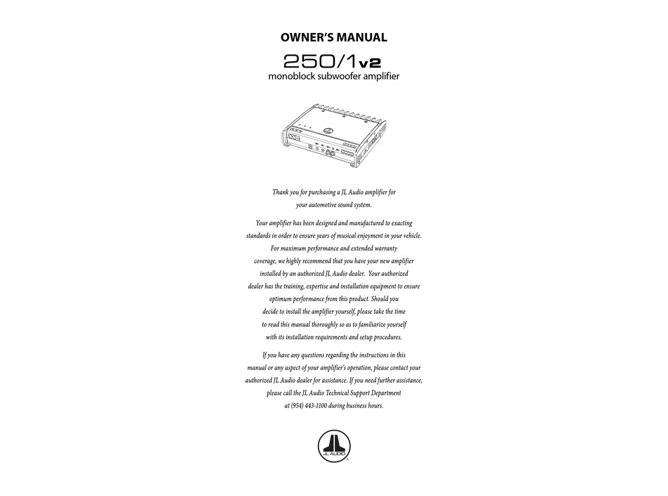 Jl Audio Slash V2 250 1v2 Car Amplifier Owner S Manual Manualslib