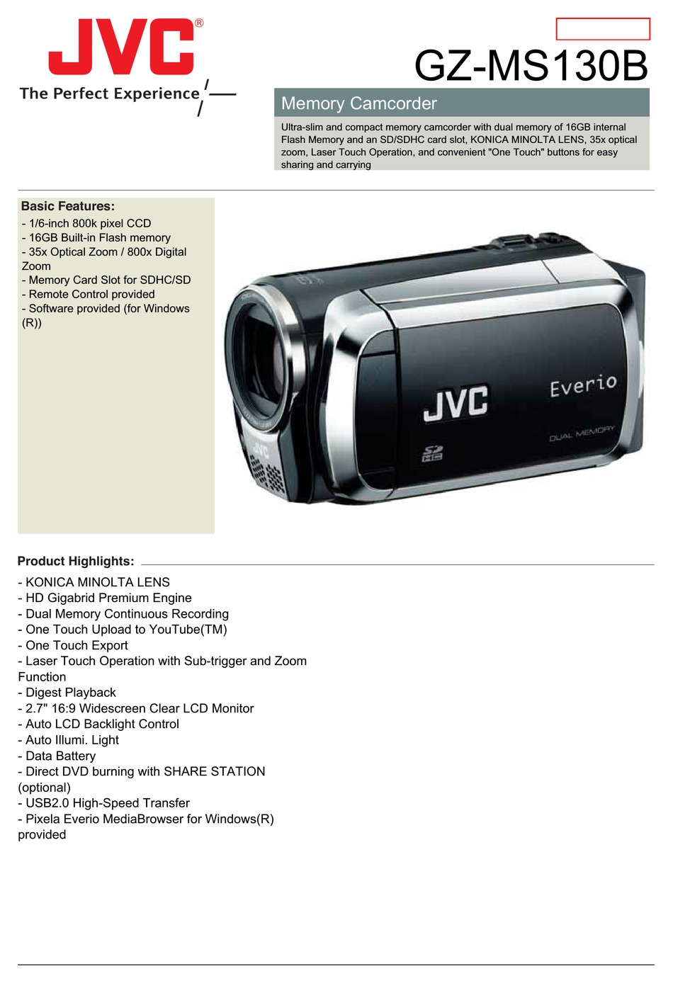 JVC EVERIO GZ-MS130 CAMCORDER SPECIFICATIONS