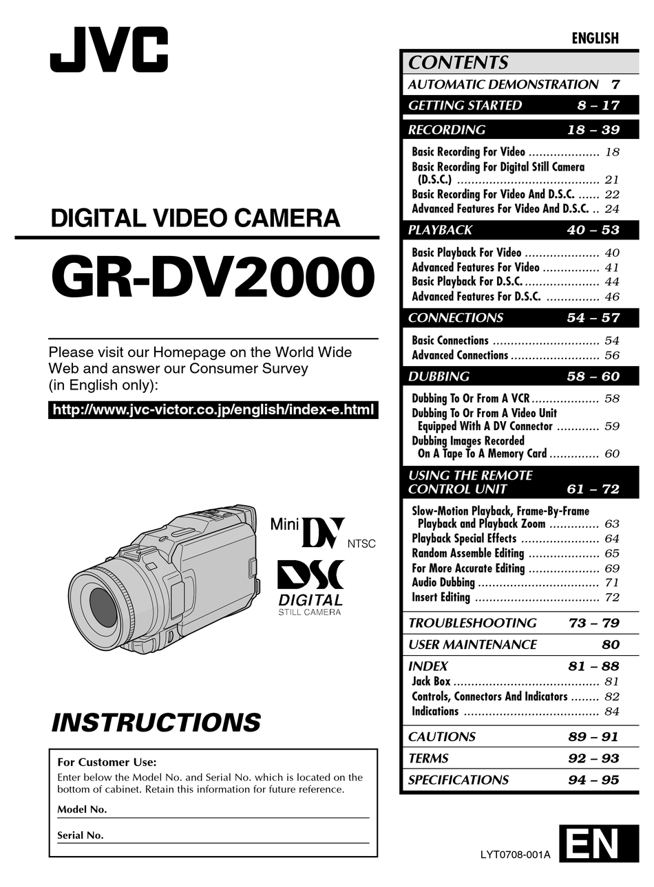 JVC GRDV2000ED CAMCORDER INSTRUCTIONS MANUAL ManualsLib