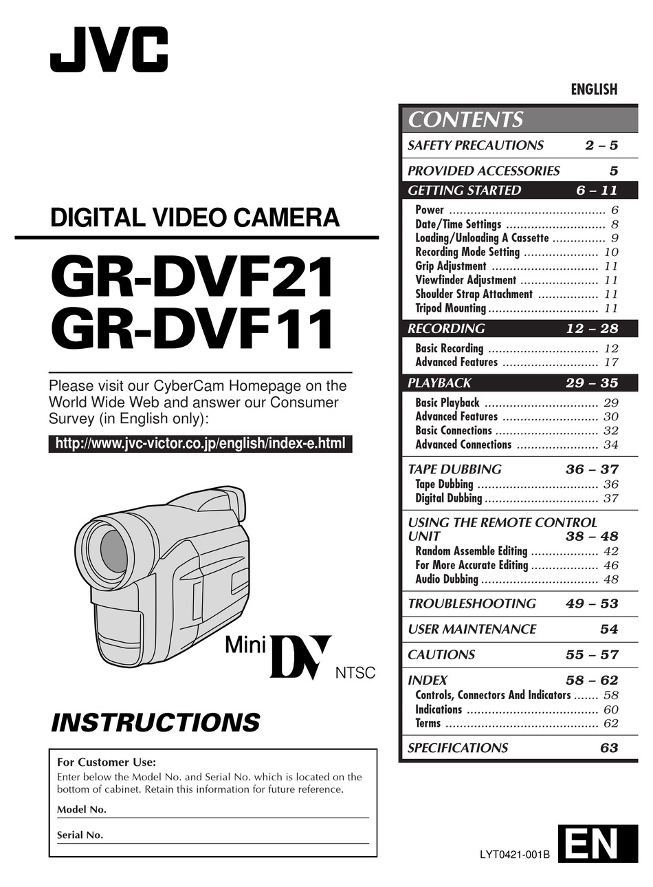 JVC GRDVF11U CAMCORDER INSTRUCTIONS MANUAL ManualsLib