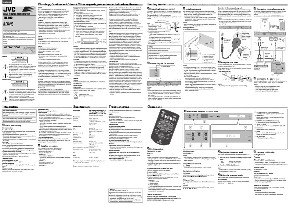 JVC THBC1 HOME THEATER SYSTEM INSTRUCTIONS ManualsLib
