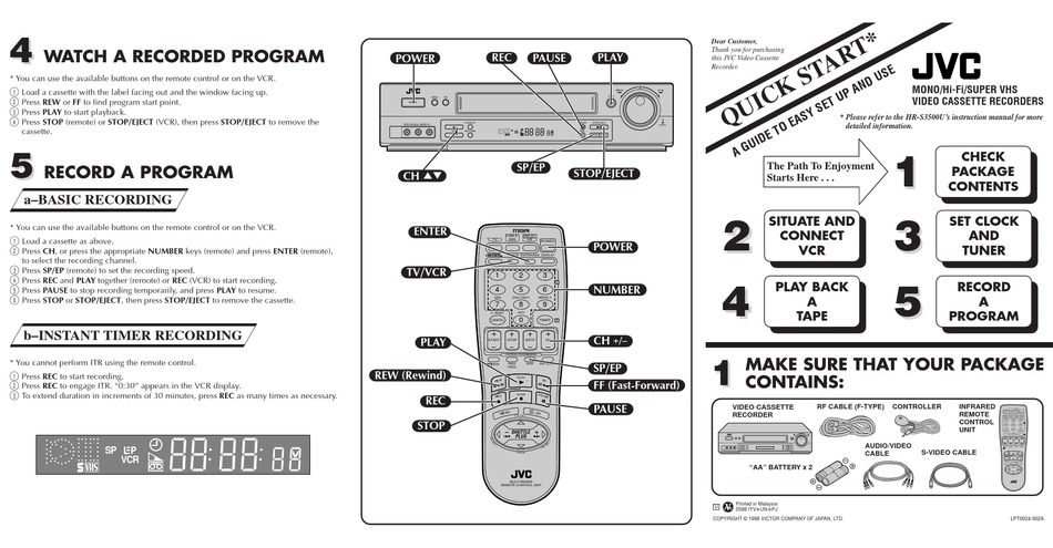 JVC HR-S3500U VCR QUICK START | ManualsLib