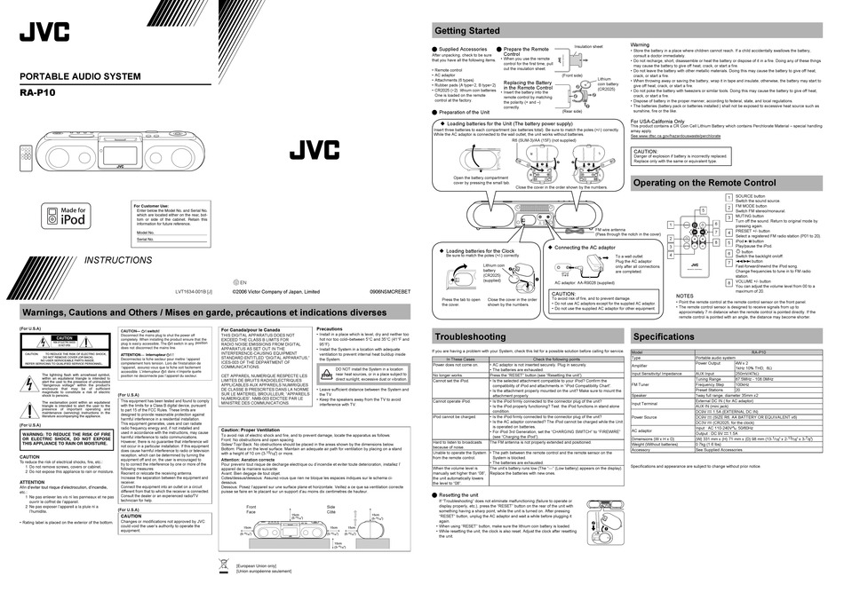 JVC RAP10J PORTABLE STEREO SYSTEM INSTRUCTIONS ManualsLib