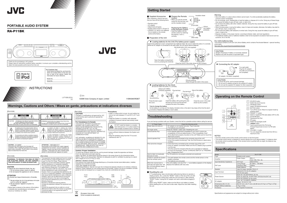 JVC RAP11BKJ PORTABLE STEREO SYSTEM INSTRUCTION MANUAL ManualsLib