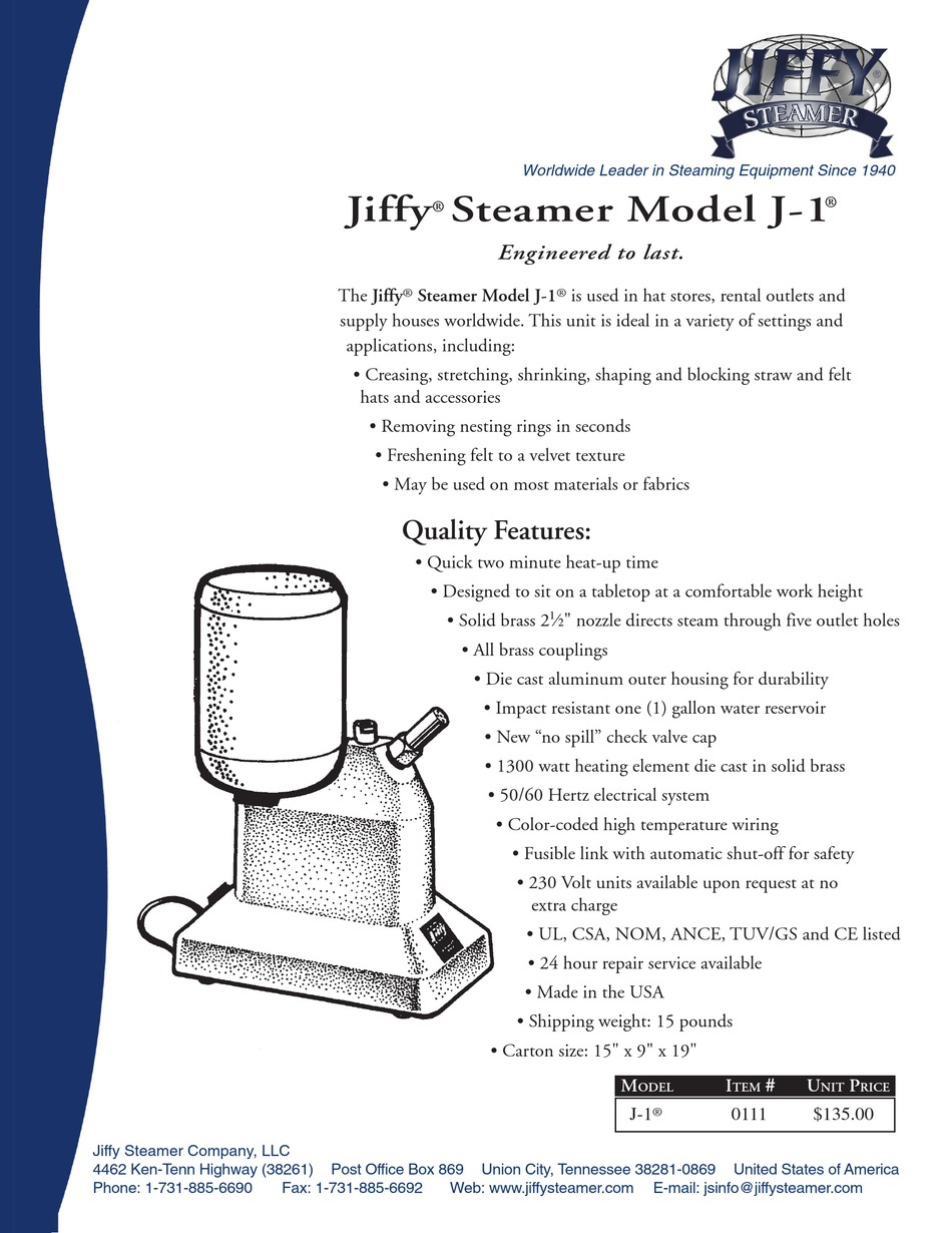 JIFFY J1 STEAM CLEANER SPECIFICATIONS ManualsLib