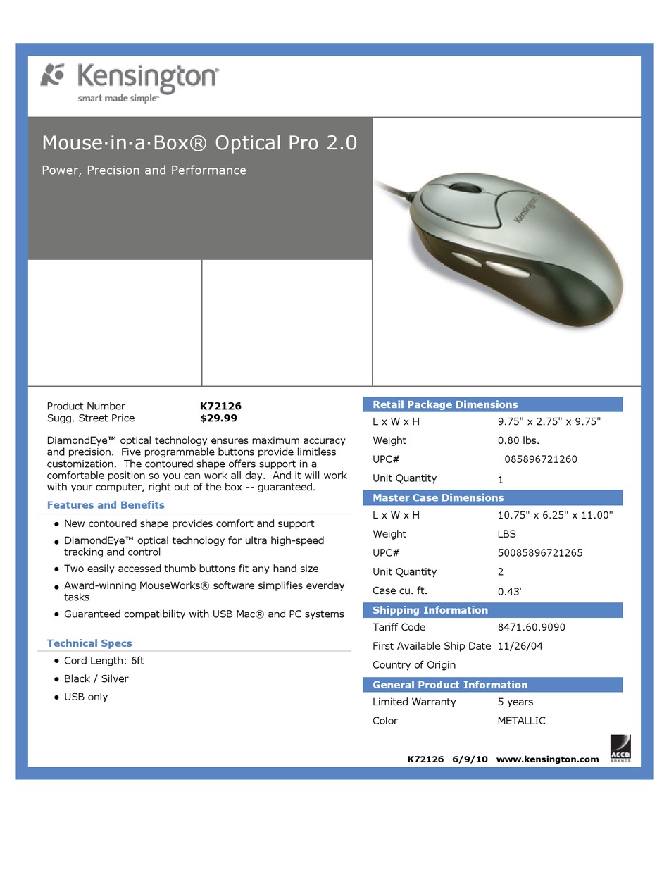 KENSINGTON MOUSEINABOX OPTICAL PRO MOUSE SPECIFICATIONS ManualsLib