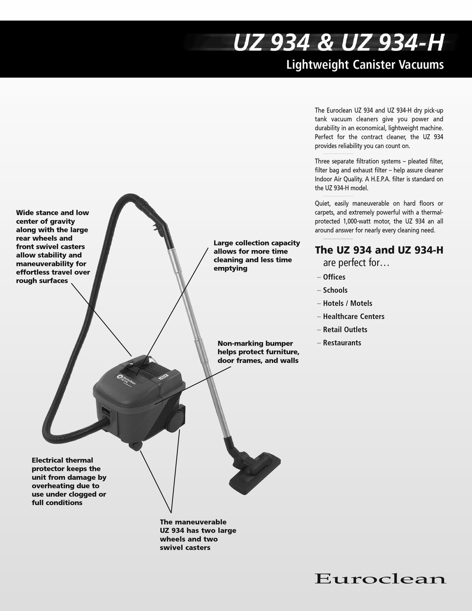 EUROCLEAN UZ 934 VACUUM CLEANER SPECIFICATIONS ManualsLib