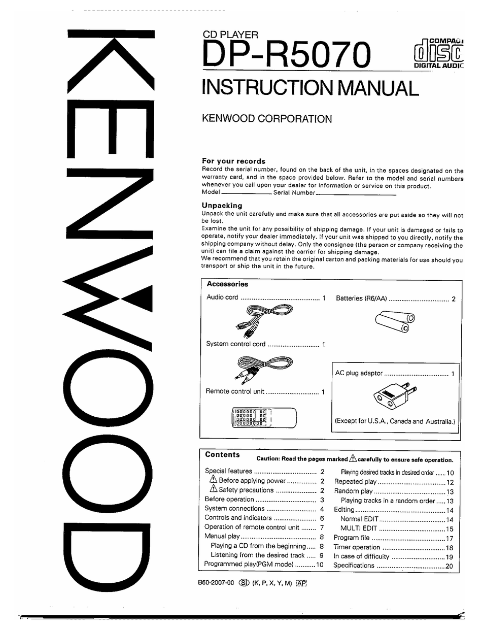 KENWOOD DP-R5070 INSTRUCTION MANUAL Pdf Download | ManualsLib