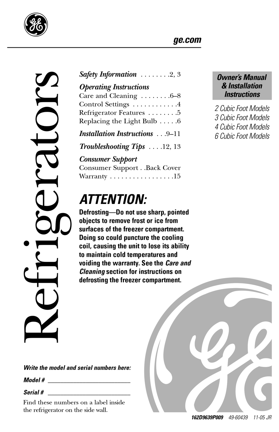 GE GMR04HASCS REFRIGERATOR OWNER'S MANUAL & INSTALLATION INSTRUCTIONS