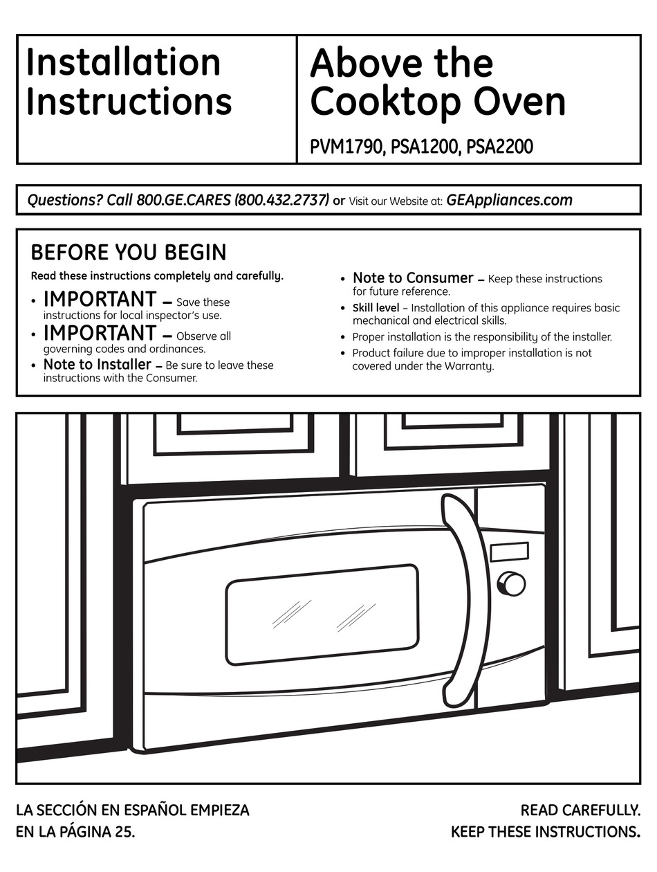 GE PSA2201RSS MICROWAVE OVEN INSTALLATION INSTRUCTIONS MANUAL ManualsLib
