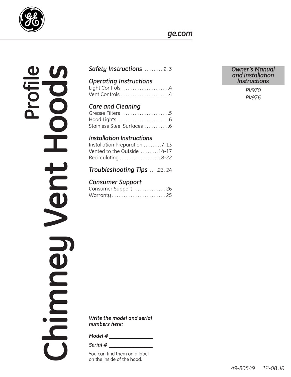 GE PV976NSS VENTILATION HOOD OWNER'S MANUAL & INSTALLATION INSTRUCTIONS