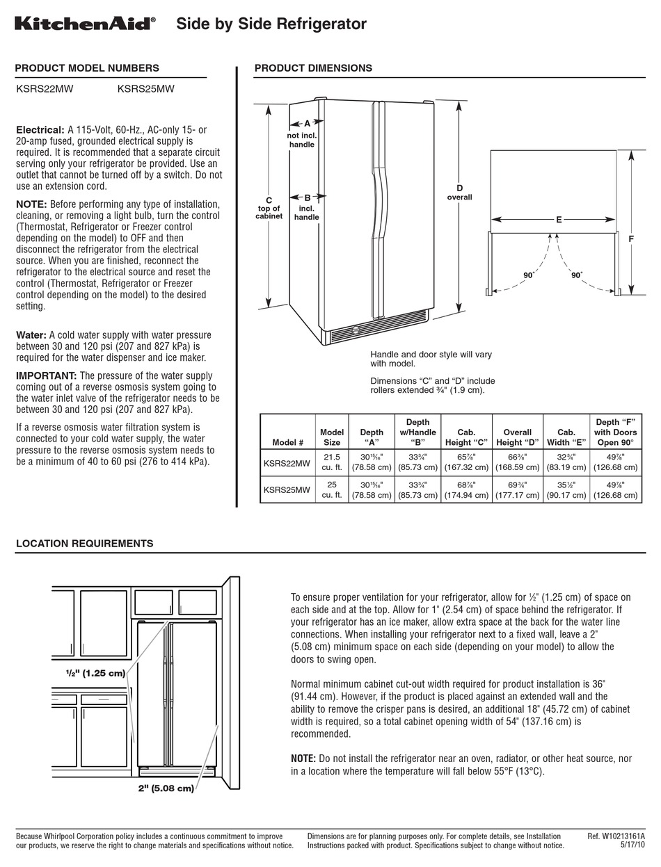 KITCHENAID ARCHITECT SERIES II KSRS22MWMS REFRIGERATOR PRODUCT