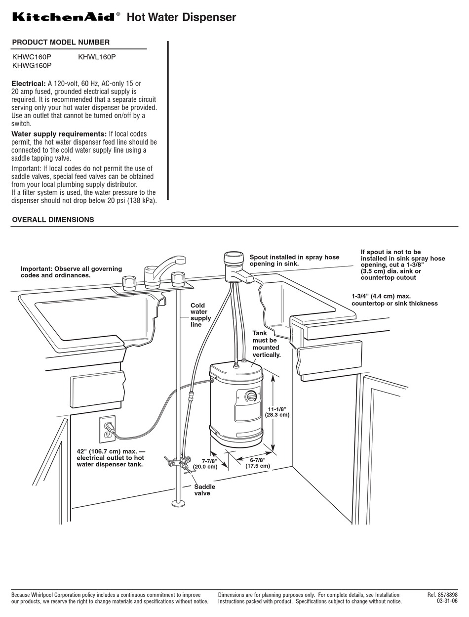 KITCHENAID KHWC160P DISPENSER DIMENSION MANUAL ManualsLib   Kitchenaid Khwc160p 