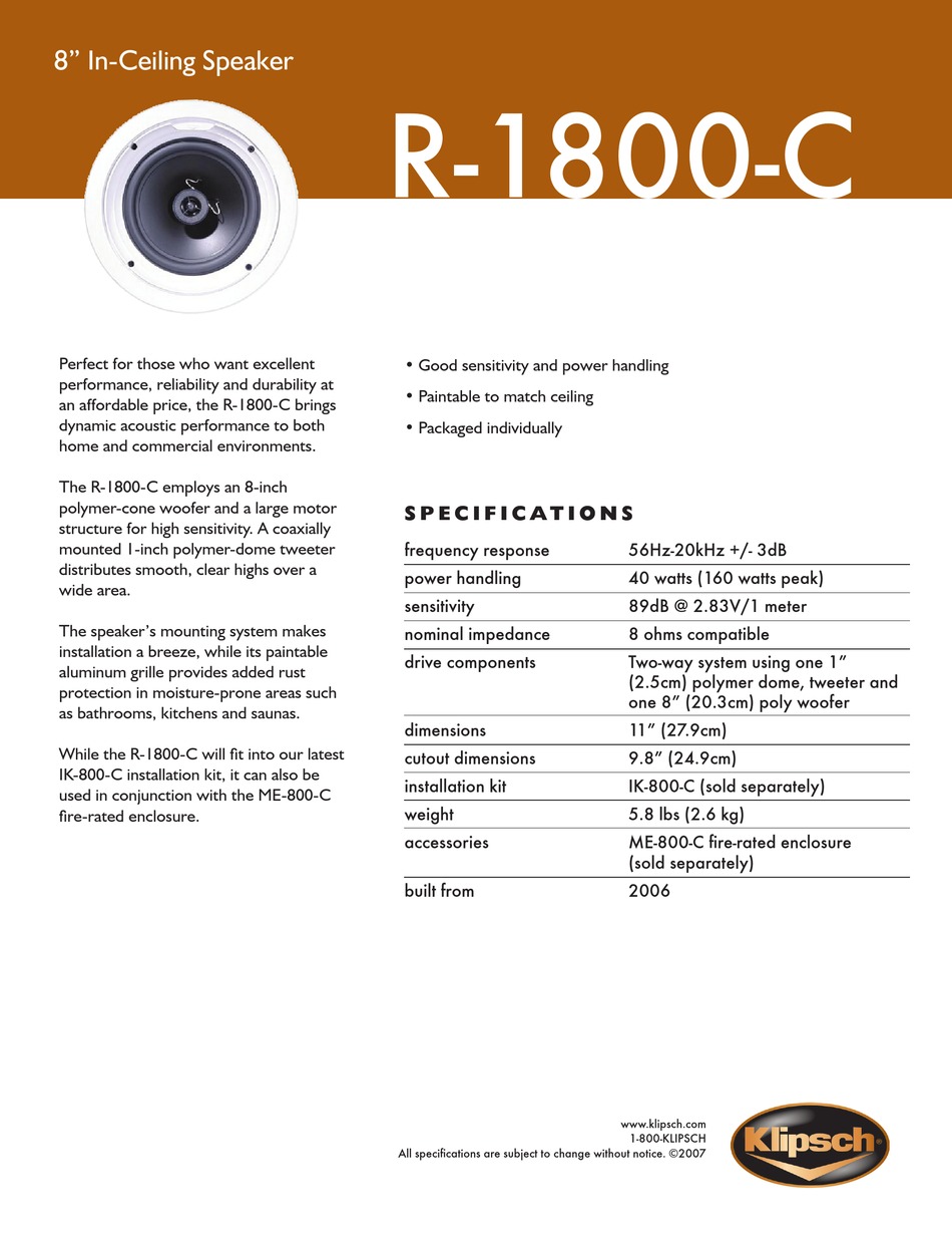 KLIPSCH R1800C SPEAKER SPECIFICATIONS ManualsLib
