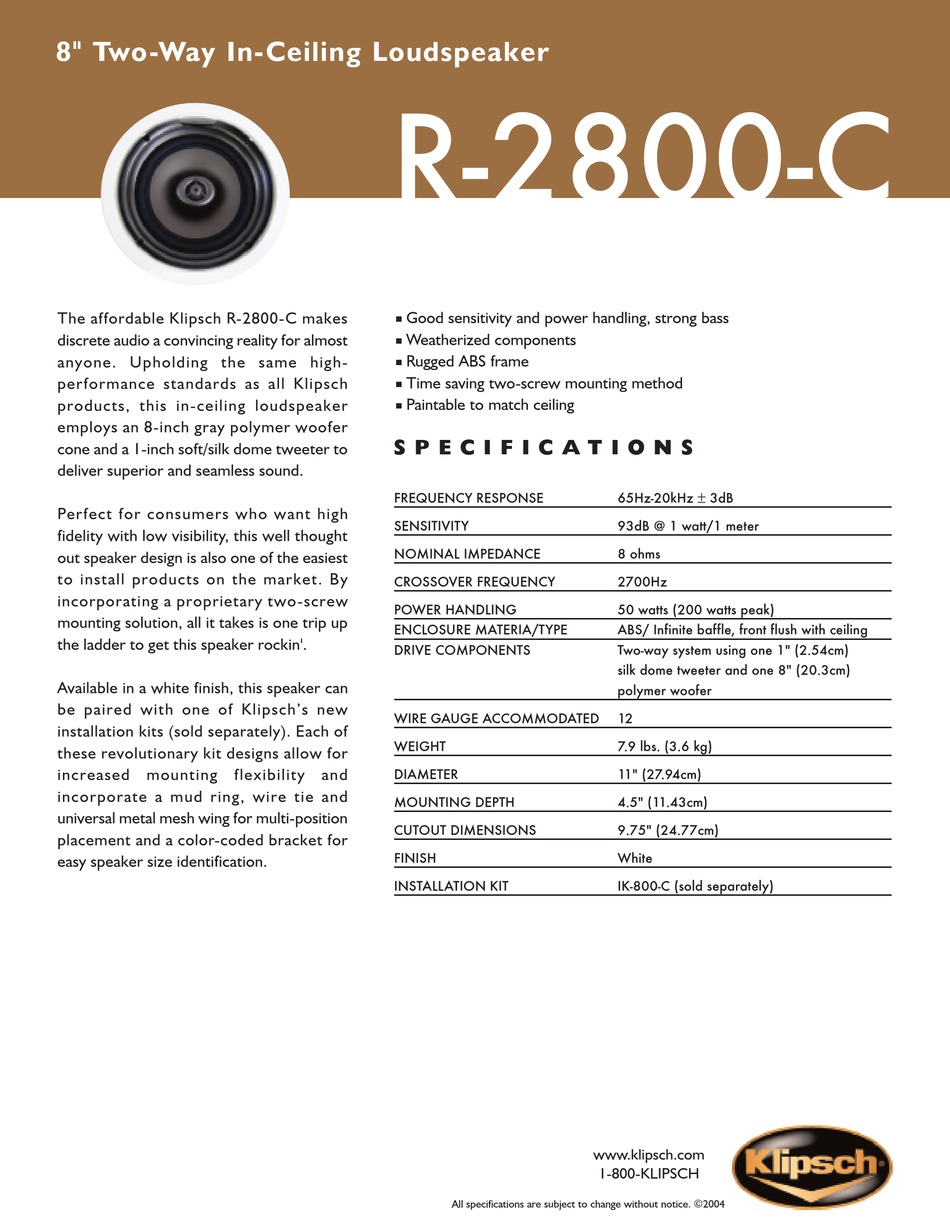KLIPSCH R2800C SPEAKER SPECIFICATIONS ManualsLib