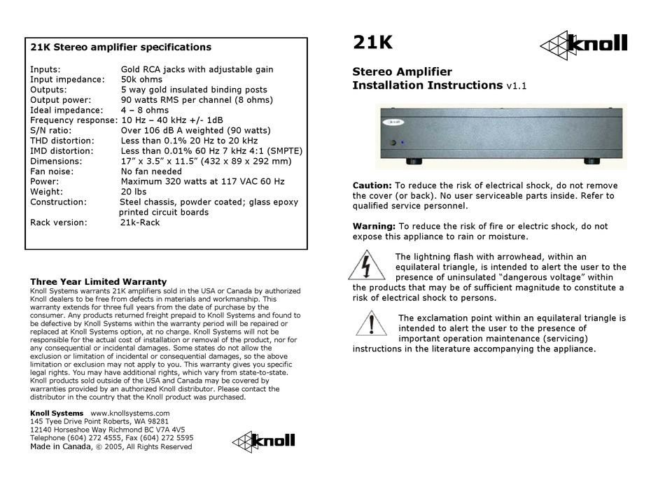 KNOLL 21K AMPLIFIER INSTALLATION INSTRUCTIONS MANUAL ManualsLib