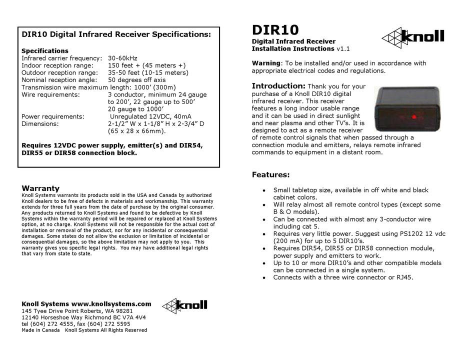KNOLL DIR10 RECEIVER INSTALLATION INSTRUCTIONS ManualsLib