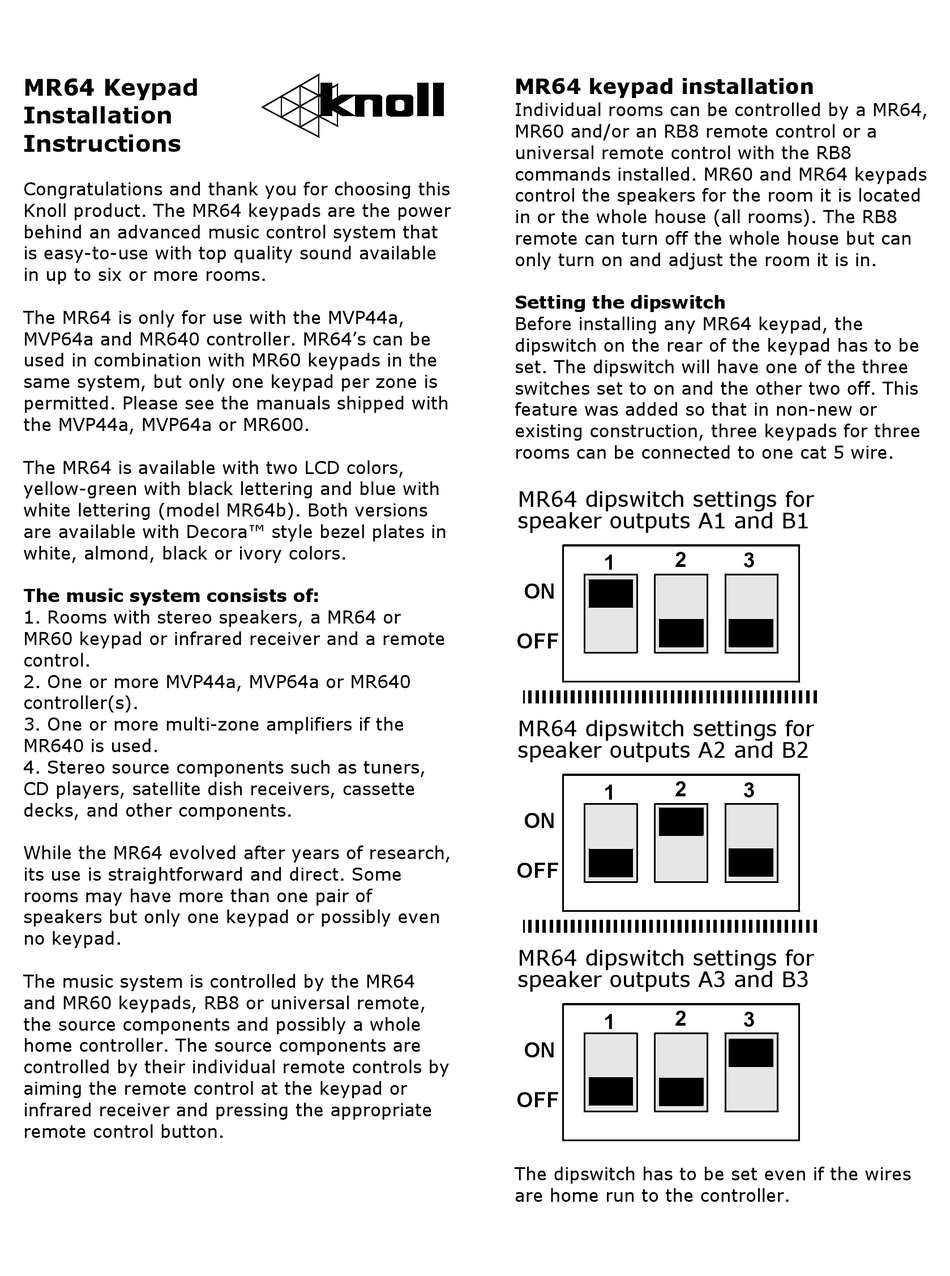 KNOLL MR64 KEYPAD INSTALLATION INSTRUCTIONS ManualsLib