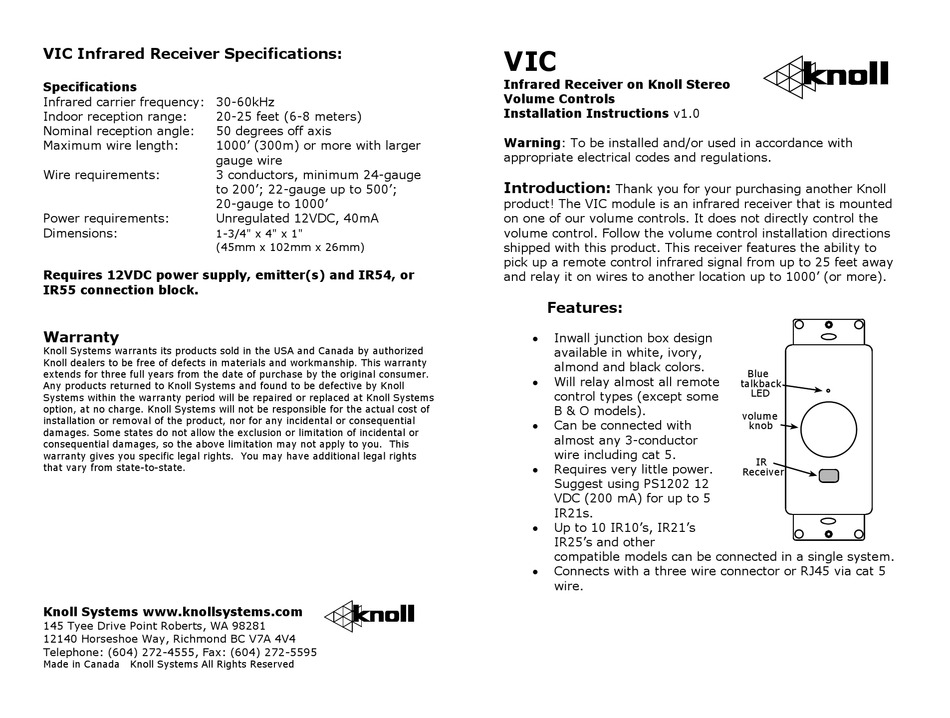 KNOLL VIC RECEIVER INSTALL MANUAL ManualsLib