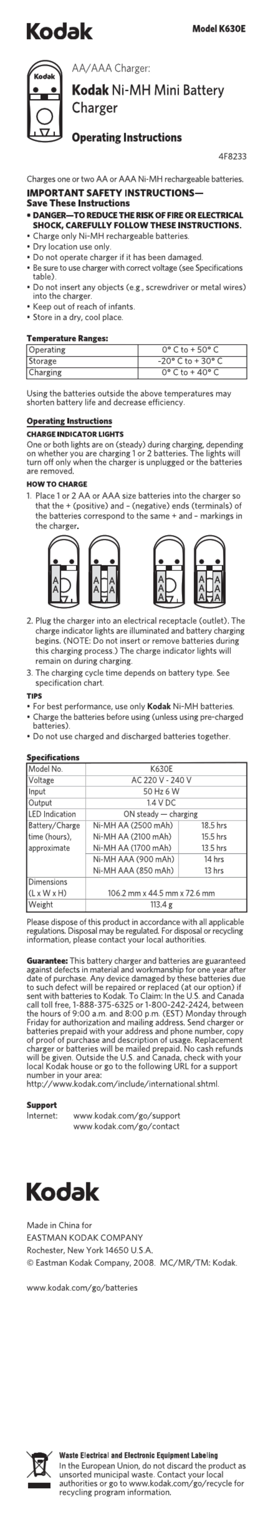 KODAK K630E BATTERY CHARGER OPERATING INSTRUCTIONS | ManualsLib