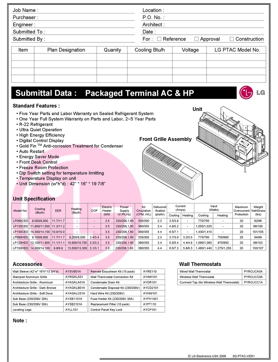 LG LP090CED AIR CONDITIONER SPECIFICATIONS | ManualsLib