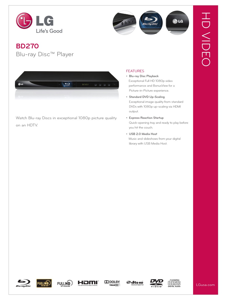 LG BD270 BLU-RAY PLAYER SPECIFICATIONS | ManualsLib