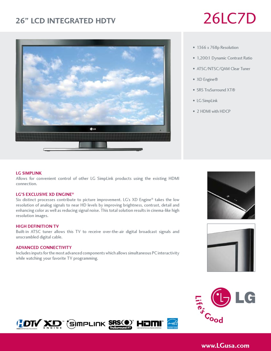 LG 26LC7D LCD TV SPECIFICATIONS | ManualsLib