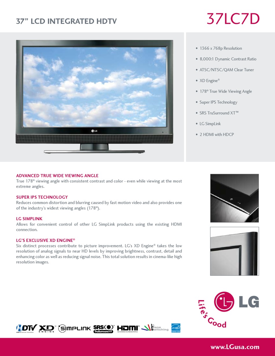 LG 37LC7D LCD TV SPECIFICATIONS ManualsLib