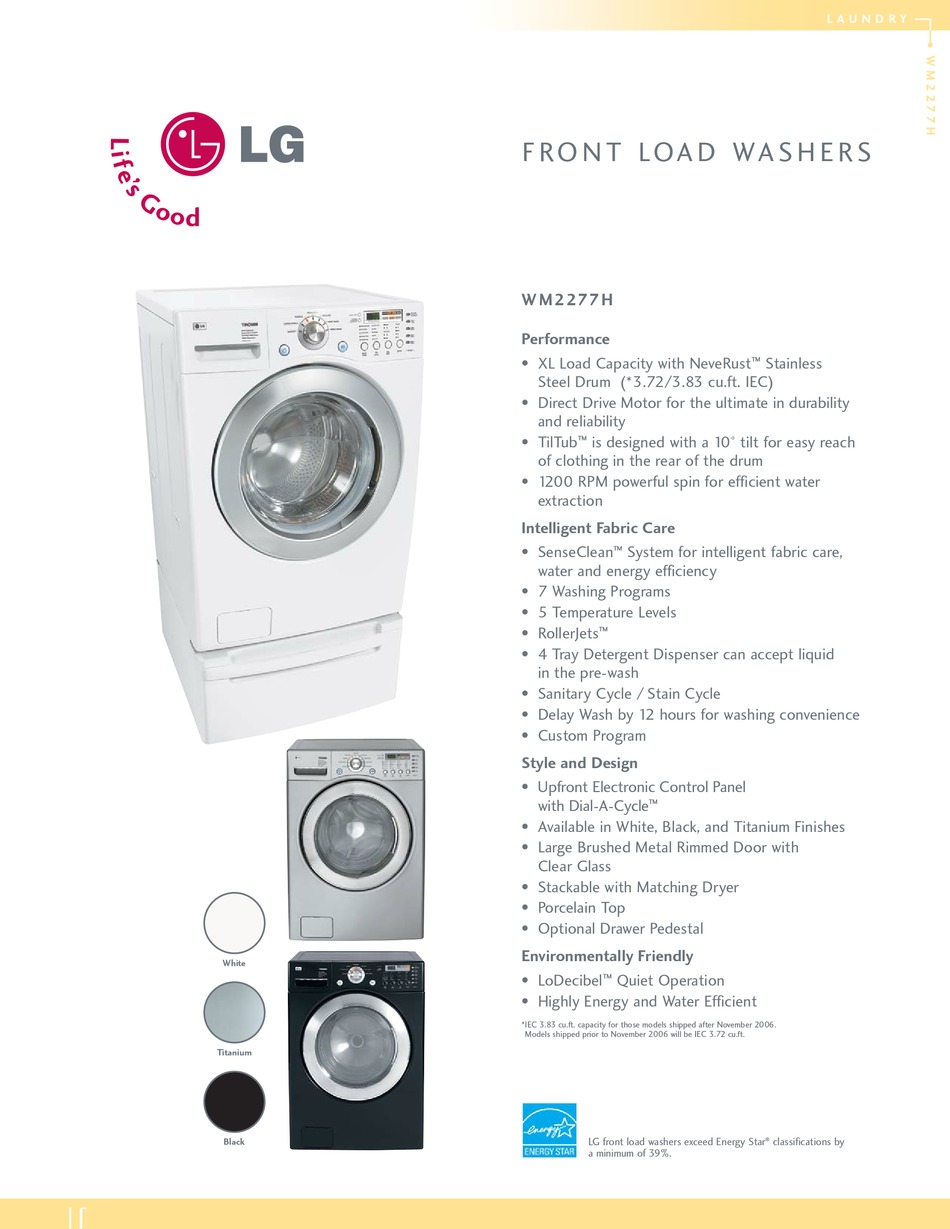 LG WM2277H SPECIFICATIONS Pdf Download | ManualsLib
