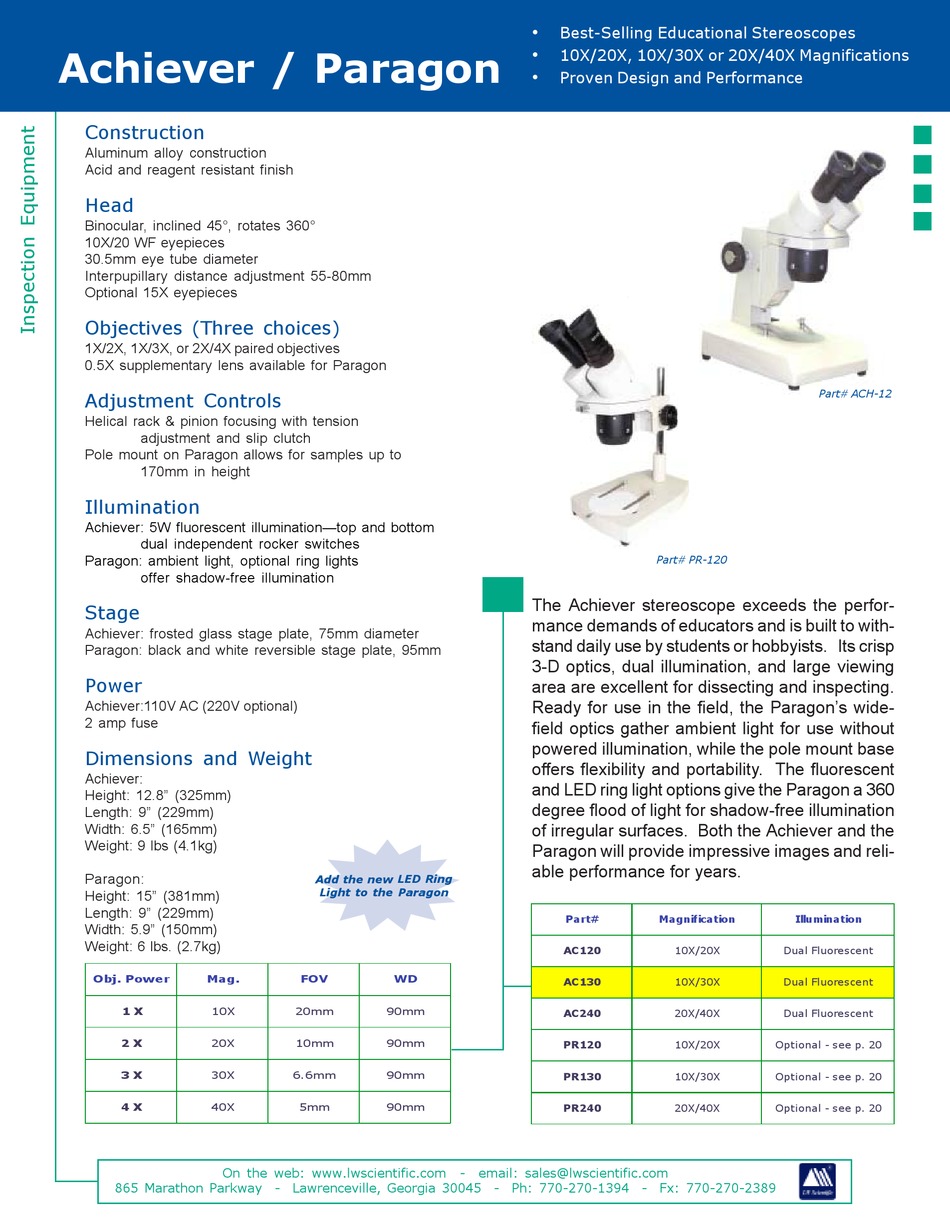 LW SCIENTIFIC ACH12 MICROSCOPE SPECIFICATIONS ManualsLib