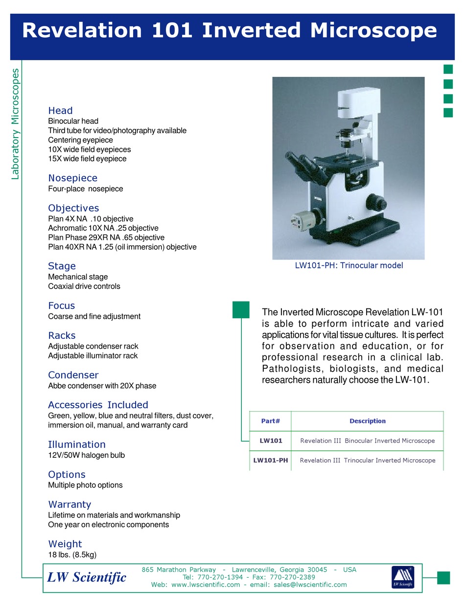 LW SCIENTIFIC LW101 MICROSCOPE SPECIFICATIONS ManualsLib