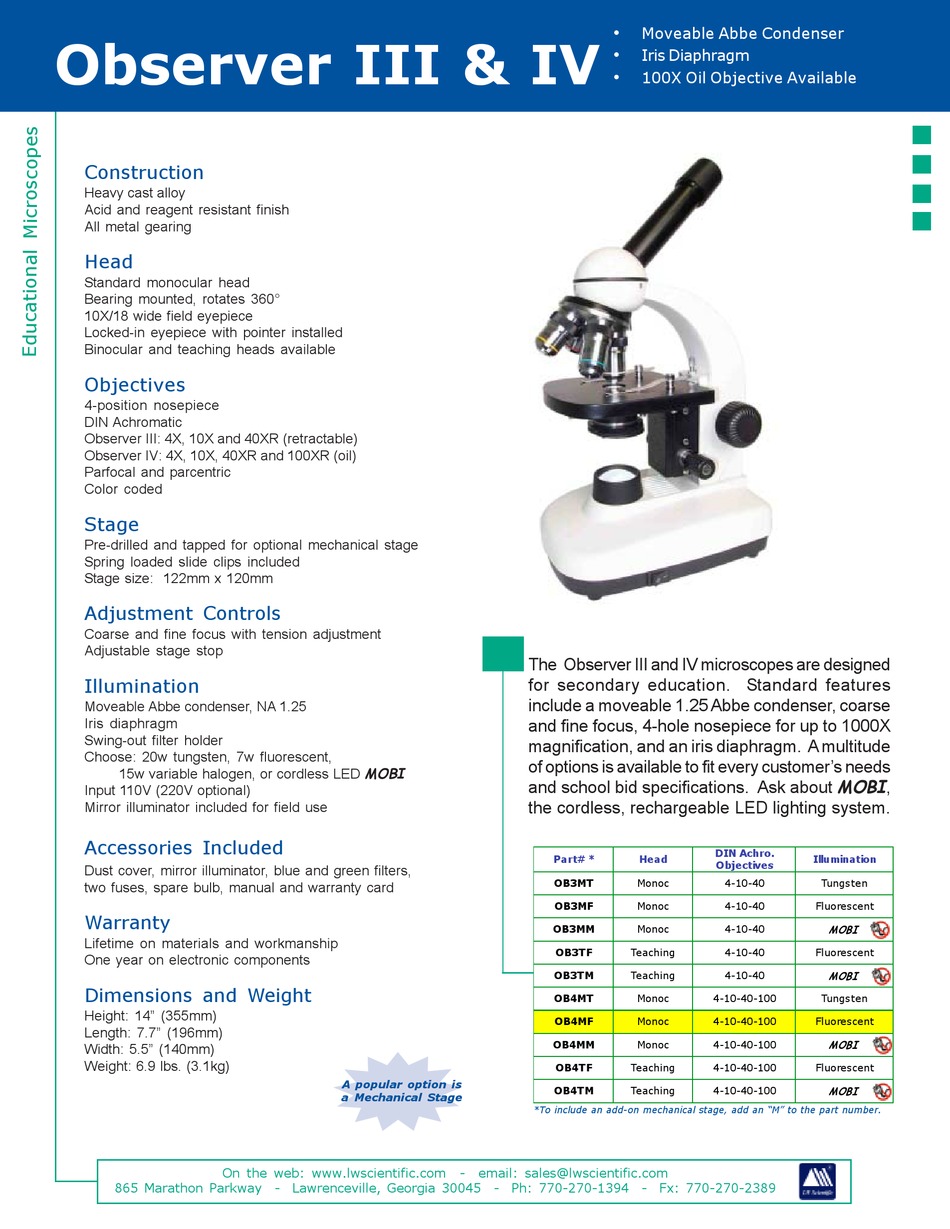 LW SCIENTIFIC OB2MF MICROSCOPE SPECIFICATIONS ManualsLib