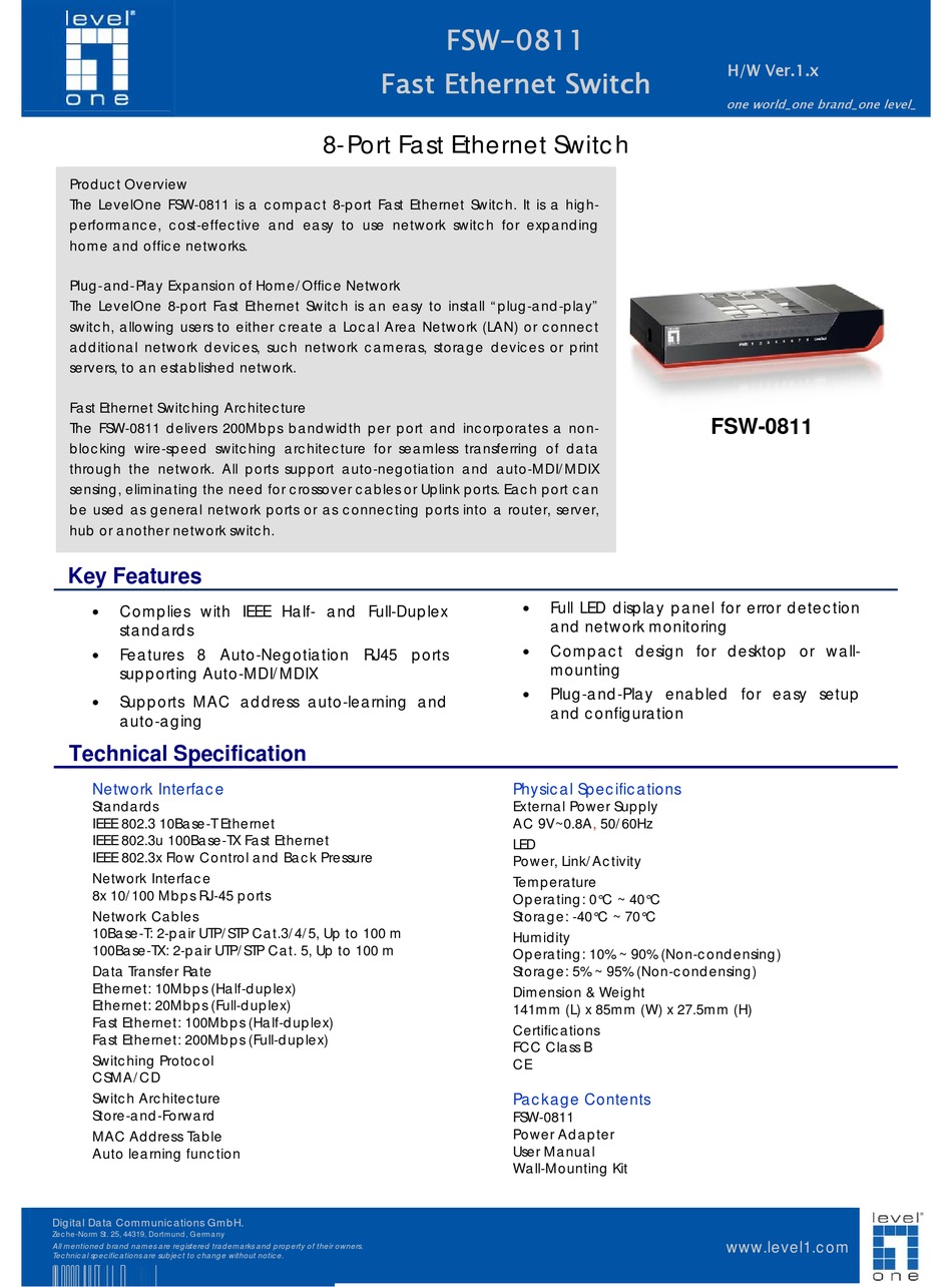 Levelone Fsw 0811 Specifications Pdf Download Manualslib