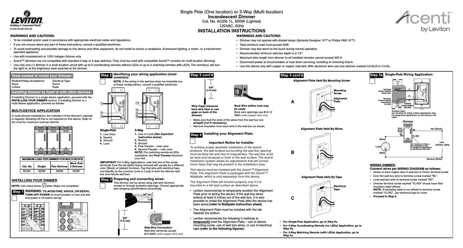 LEVITON ACI061L DIMMER INSTALLATION INSTRUCTIONS ManualsLib