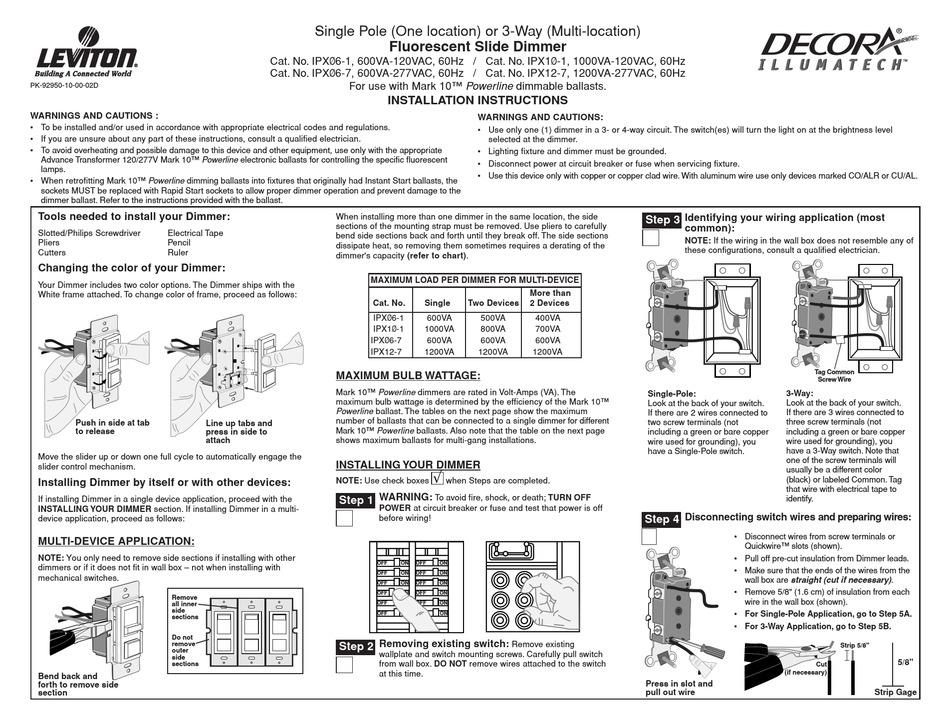LEVITON DECORA ILLUMATECH IPX061 DIMMER INSTALLATION INSTRUCTIONS
