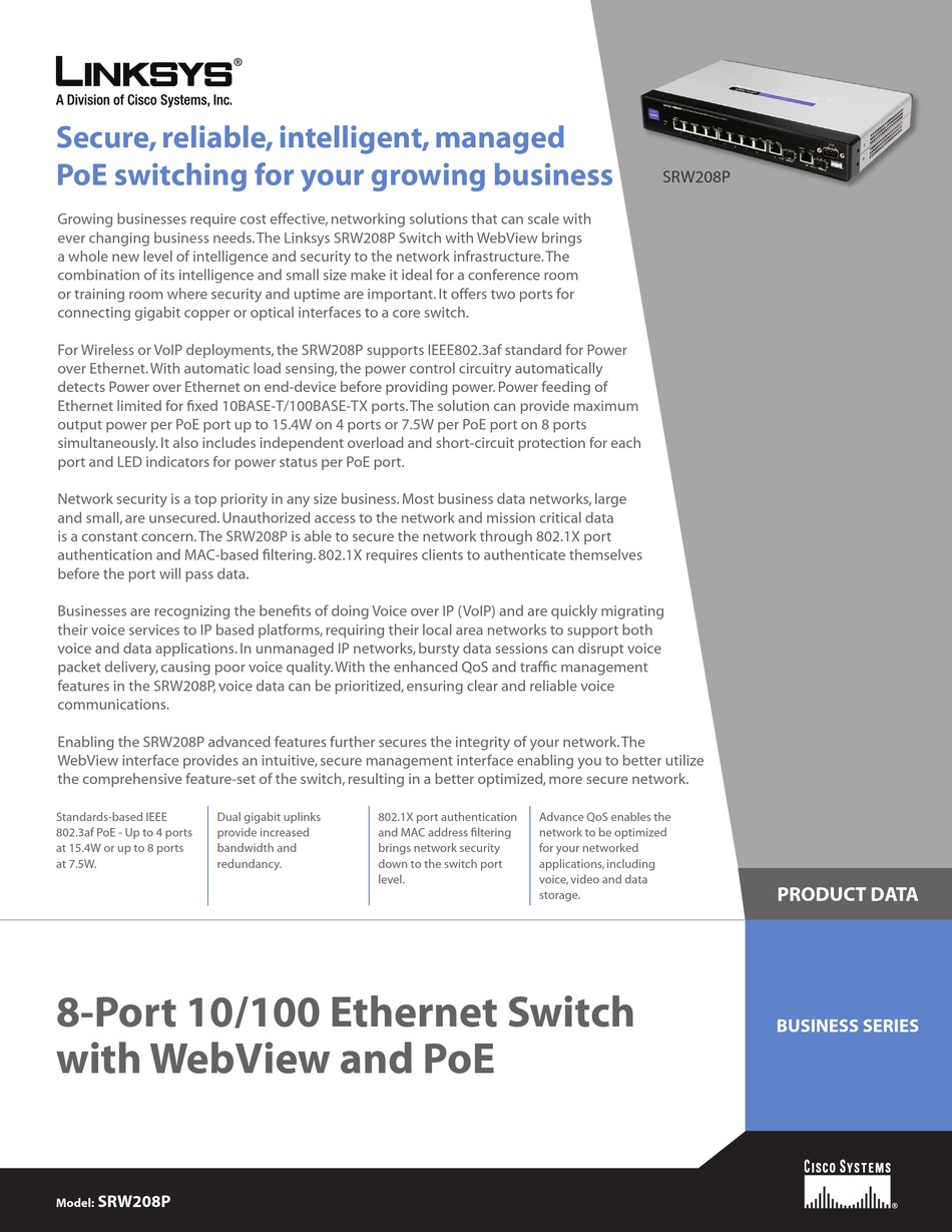 LINKSYS SRW208P NETWORK ROUTER PRODUCT DATA | ManualsLib