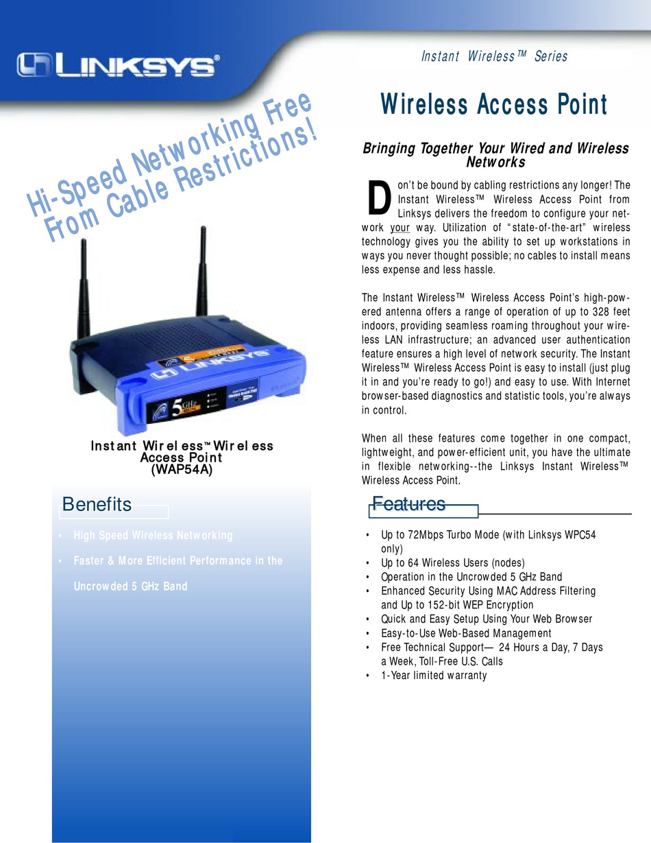 LINKSYS WAP54A WIRELESS ACCESS POINT SPECIFICATIONS ManualsLib